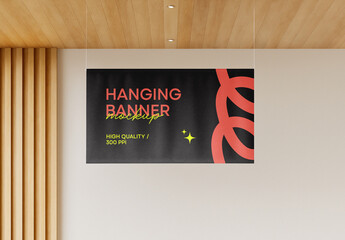 Hanging Horizontal Banner Mockup Template &ndash; Realistic Indoor Fabric Advertising Display with Wooden Ceiling and Modern Lighting