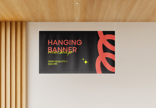 Hanging Horizontal Banner Mockup Template &ndash; Realistic Indoor Fabric Advertising Display with Wooden Ceiling and Modern Lighting