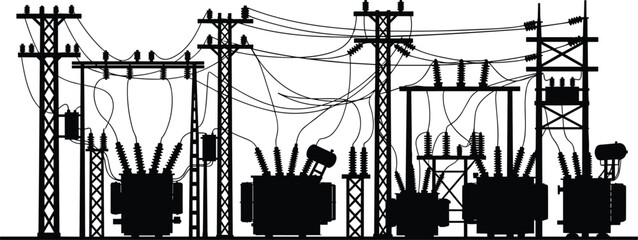 Silhouette vector illustration of transmission towers and transformers with power lines—electrical grid infrastructure, voltage system, energy distribution network layout design