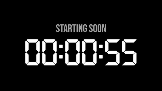animated Starting soon Digital countdown clock timer in 1 minute to zero second. 