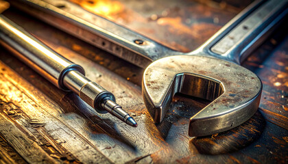 Tools of the Trade: A close-up shot captures a wrench and a pen laid upon a weathered wooden surface, showcasing the tools of trade.