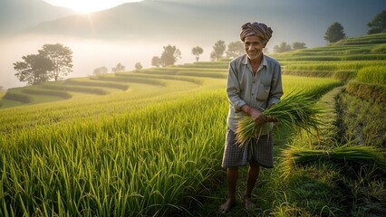 Fototapeta premium A farmer harvesting rice in a terraced field at sunrise.