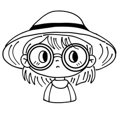 Black and White Line Art: Child Wearing Sun Hat and Round Glasses