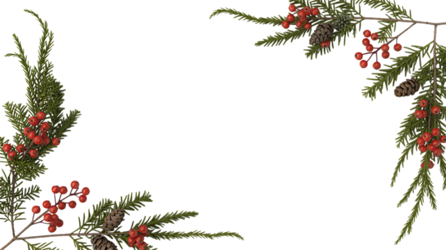 Festive christmas evergreen branches with red berries forming a decorative border on a black background