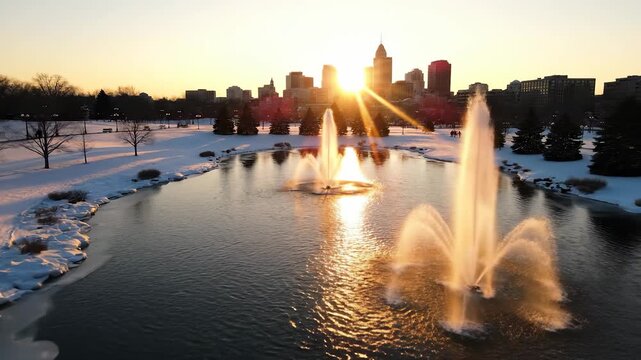 A woman enjoys a peaceful sunset by a frozen pond, where fountains spray water into the air. The skyline gleams in the background, framing the serene winter landscape.