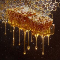 Juicy honeycombs with honey drops on the background of the cosmic sky, nature, beekeeping and sweet treats