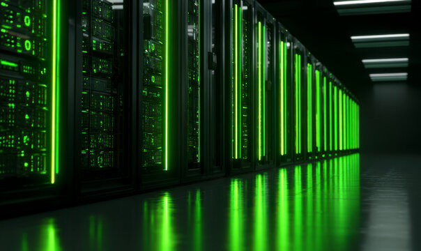 A data center with glowing green lights, reflecting on the shiny floor. - Powered by Adobe