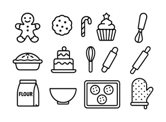 Baking icons set: cookies, cupcake, whisk, rolling pin, oven mitt, flour, bowl
