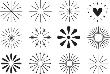 Set of twelve different starburst shapes in black and white design
