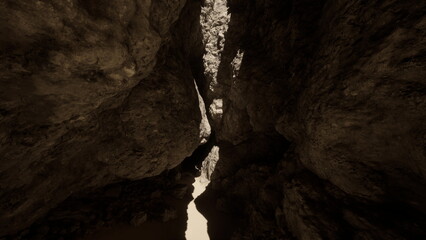 Deep in a rugged landscape, a narrow chasm carved by time stands at dusk. Shadows play across the rocky walls, inviting adventurers to uncover hidden secrets and journeys.