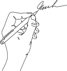 Hand holding a pen signing a document or writing a signature isolated on transparent background