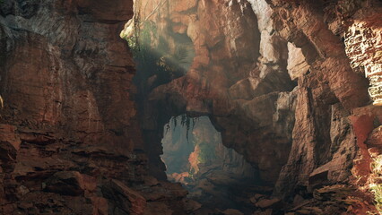 Sunlight filters through the rugged rock formations, creating a magical atmosphere in the canyon. Lush greenery peeks through stones, inviting exploration and adventure in the tranquil landscape.