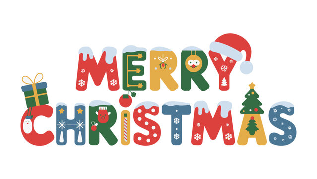 Christmas Joyful Message: A festive and vibrant display of Merry Christmas in colorful letters, adorned with holiday-themed illustrations. capturing the spirit of joy and the warmth of the season.