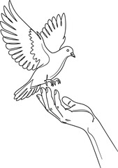 Line art drawing of a dove taking flight from an open hand isolated on transparent background
