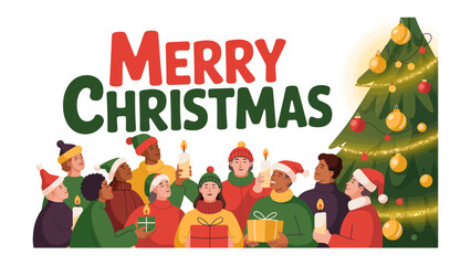 Holiday Cheer & Unity: A diverse group of people gather in festive spirit, united by the joy of the holiday season, with candles, and decorations.