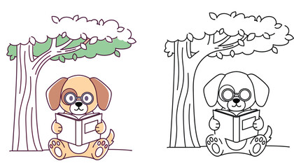 Adorable Cartoon Puppy with Glasses Reading Under a Tree - Educational and Cute Coloring Page for Kids