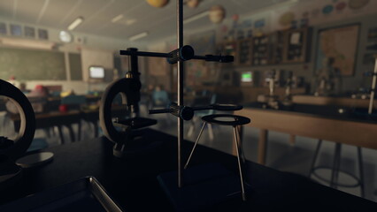 Fototapeta premium Brightly lit science classroom features lab equipment scattered across tables. Students explore through experiments with microscopes and interactive lessons.