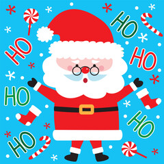 cute santa and ho ho text for christmas card, gift bag or box design 