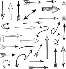 Collection of hand drawn doodle arrows in various styles and directions isolated on transparent background