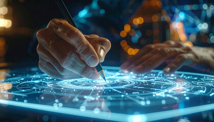 Tech Innovator: A close-up shot of a person's hands delicately using a stylus on a futuristic touch screen, illuminating a complex circuit board design.