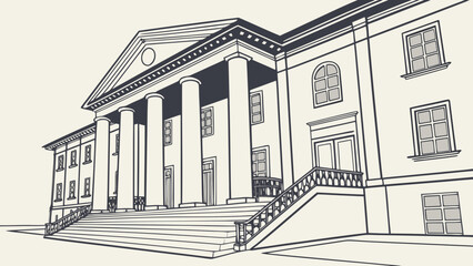 Elegant neoclassical building facade with stately columns and grand staircase showcases architectural mastery and design