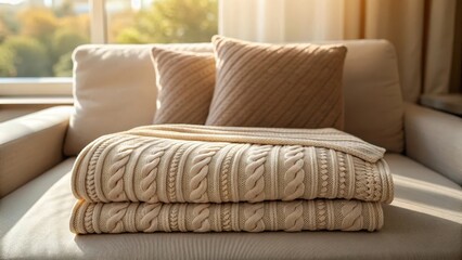 Soft knitted blanket folded on a cozy couch with natural light