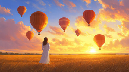 Young woman in white dress stands in golden field watching hot air balloons at sunrise