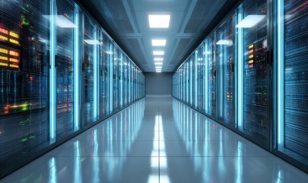 Endless data: A server room perspective showing rows of running servers. - Powered by Adobe