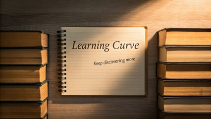 Soft lit open notebook with the words Learning Curve and Keep Discovering More on a wooden desk beside stacked vintage books
