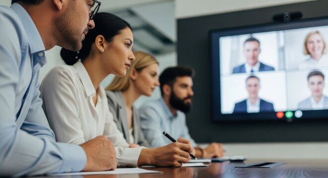 Business people attending a video conference in the office. Team collaborates remotely. Professional communication and teamwork concept online.