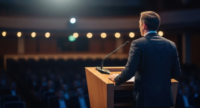 Man speaker standing at podium with microphone addressing audience. Business conference presentation. Public speaking event.