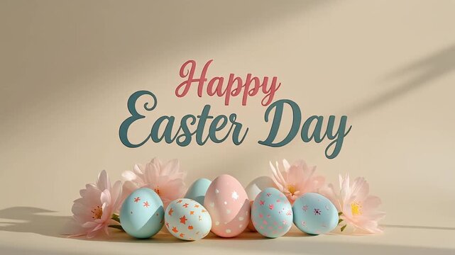 Happy Easter Day greeting with pastel eggs and pink flowers on a light background.