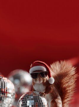 Cooles Eichh&ouml;rnchen mit Weihnachtsm&uuml;tze und Sonnenbrille vor Discokugeln