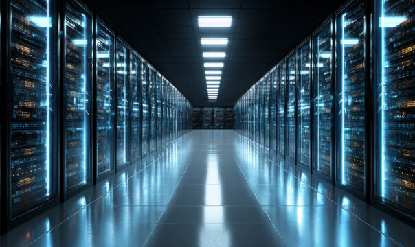 Server room with rows of racks, bright lighting, and reflective floor tiles
