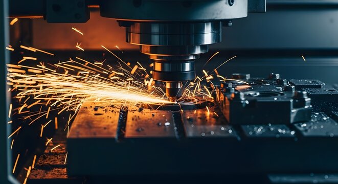 Metalworking machine cutting metal with sparks, precision manufacturing process industrial production.