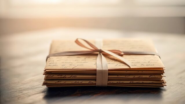 Stack of vintage handwritten letters tied with a ribbon in soft light
