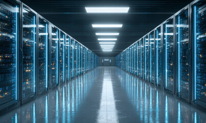 Server room with rows of server racks. Data processing and network storage.