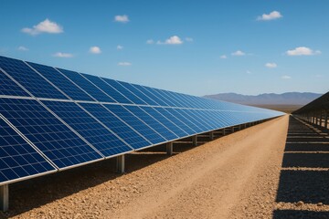 Long rows of solar panels stretching across desert landscape under blue sky