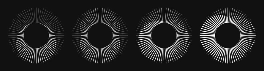 Set of rotating radial lines in circle form. Abstract geometric sun rays in different shape and thickness create visual effect of illusion. Design element for logo, prints, template or posters.