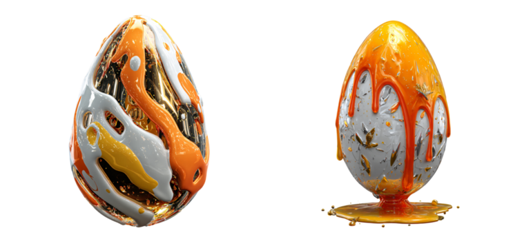 Two decorative easter eggs with dripping paint on a black studio background on transparent background