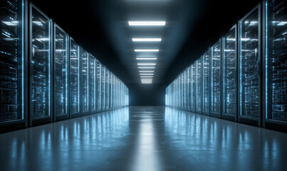 Hallway lined with server racks lit by linear lights in a futuristic style.