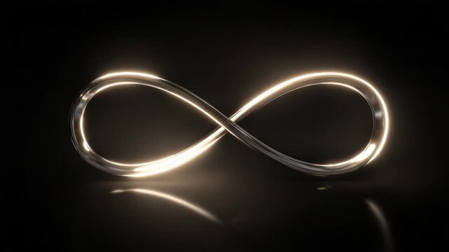 Illuminated infinity symbol made of reflective material against a dark background, with reflection