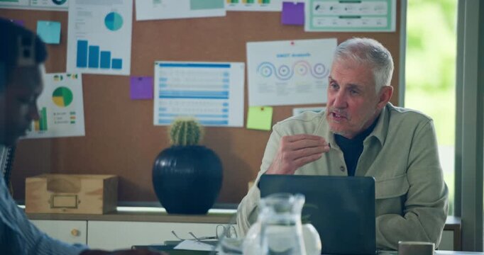 Office, team and men with laptop, meeting and discussion for financial analysis, typing and planning. Talking, CEO and data analyst for business growth, collaboration and market research with tech - Powered by Adobe