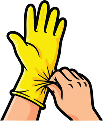 Yellow Rubber Glove Being Pulled Onto Hand In Simple Cartoon Style