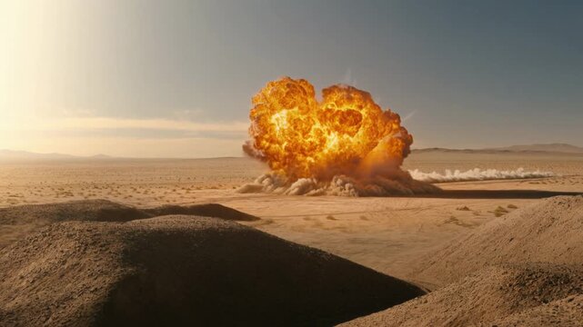 Desert military weapon test range with large truck fuel in a remote desert area. The sun sets in the background, casting a warm glow over the sandy terrain and distant mountains
