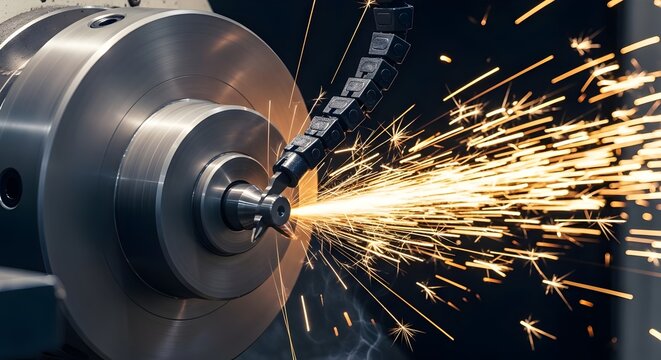 Metalworking with sparks flying, industrial manufacturing process machining in a factory