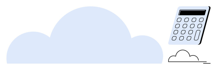 Large blue cloud and calculator suggesting cloud computing, finance, and data processing. Ideal for business, finance, technology, analytics, storage education and digital services. Simple flat