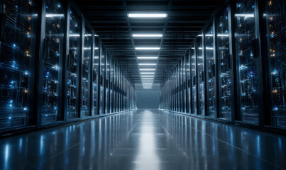 A modern server room with data racks, servers, and storage systems.