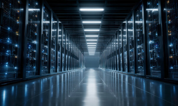 A modern server room with data racks, servers, and storage systems.