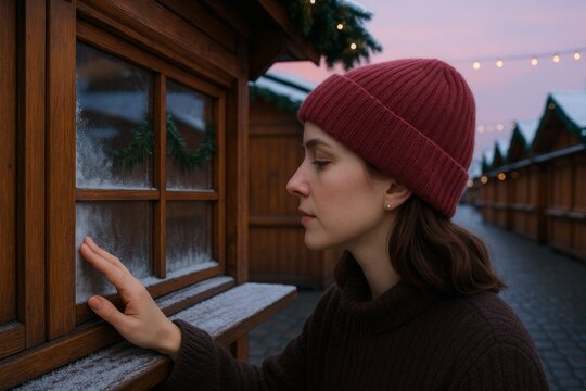 Woman touching frosted window beside quiet market stalls at dawn - Powered by Adobe